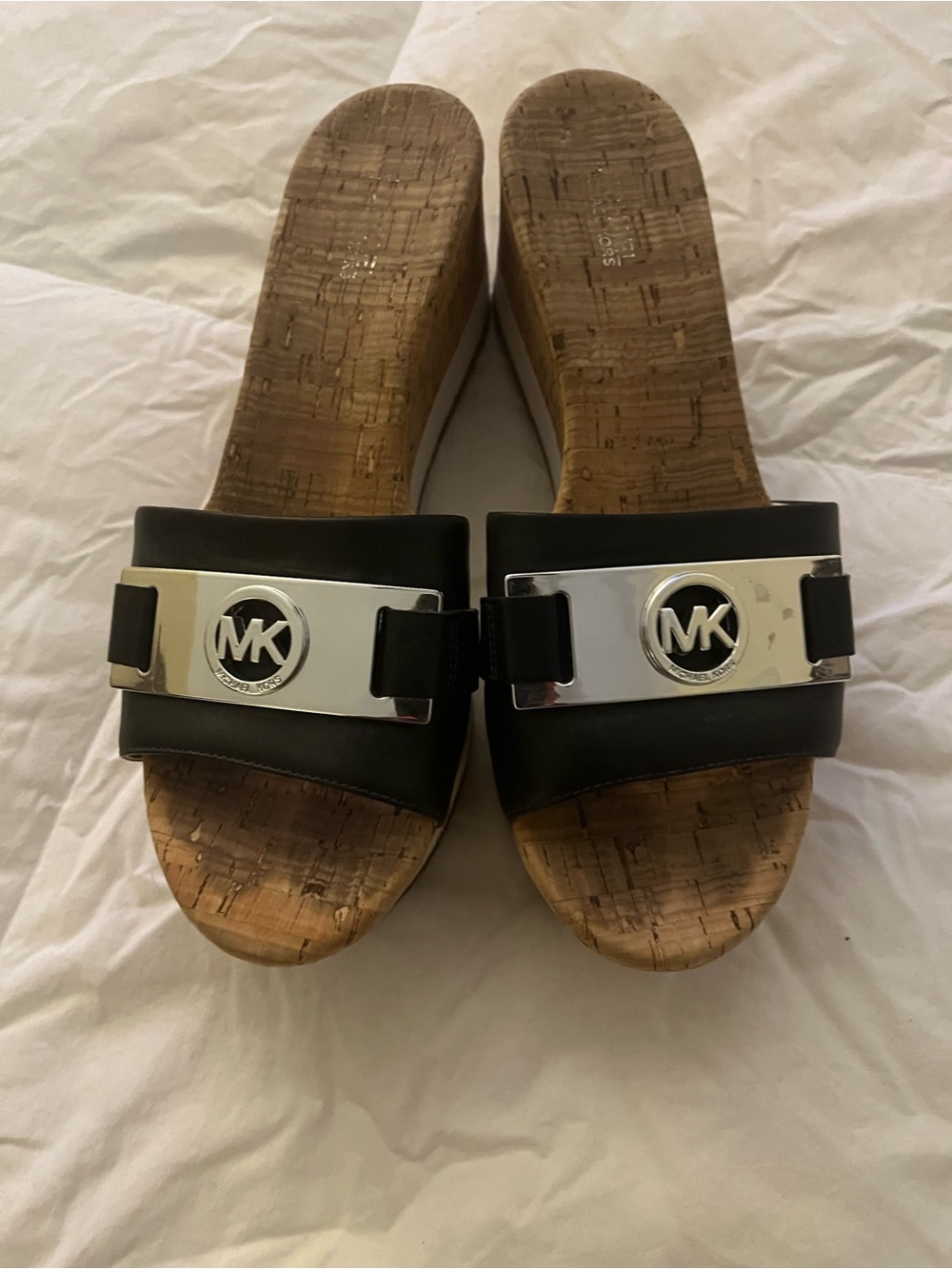 Michael Kors Black Slide Sandals with Silver MK Accent and Cork Wedge